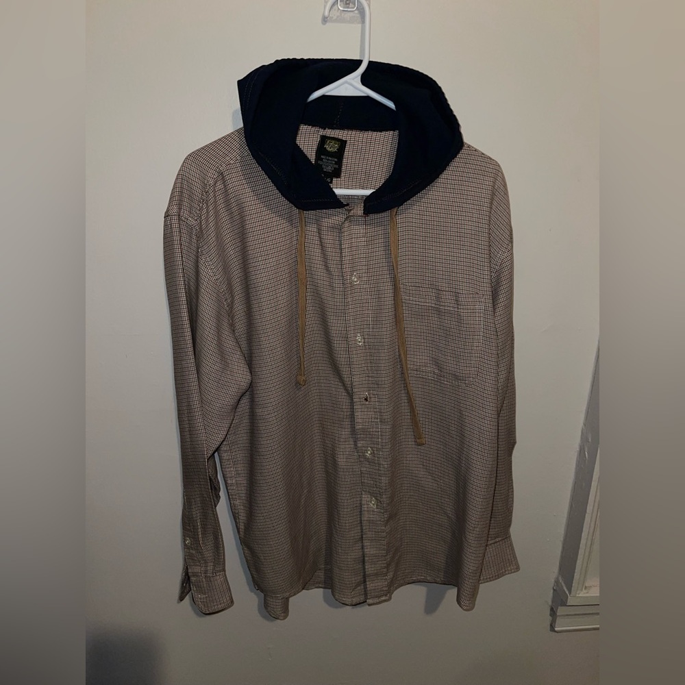 Men’s Navy and Beige Plaid Hooded Shirt by Azur Sz L  Made in Pakistan •Skater
